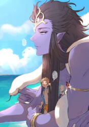  beach colored_skin commentary_request day extra_arms giant gran_(granblue_fantasy) granblue_fantasy gucha_(netsu) long_hair lyria_(granblue_fantasy) monster_boy purple_skin shiva_(granblue_fantasy) sky snake 