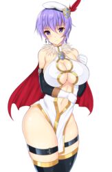  bare_shoulders beret black_thighhighs blush breasts cape cleavage cleavage_cutout clothing_cutout commentary_request cowboy_shot crystal_earrings earrings elbow_gloves female frown fur_trim gloves hat jewelry large_breasts leona_(sennen_sensou_aigis) looking_at_viewer midriff navel noeomi pelvic_curtain purple_eyes purple_hair sennen_sensou_aigis short_hair solo thighhighs white_background white_gloves 