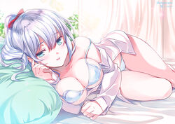  artist_name bare_shoulders barefoot bed blue_bra blue_eyes blue_panties botanzuru_(flower_knight_girl) bow bra breasts character_name cleavage collarbone commentary_request curtains day female flower_knight_girl hair_between_eyes hairbow indoors large_breasts light_rays long_hair long_sleeves looking_at_viewer lying no_pants off_shoulder on_bed on_side open_clothes open_shirt panties parted_lips photoshop_(medium) pillow ponytail red_bow satou_satoru shirt sidelocks smile solo strap_slip sunlight thighs underwear white_hair white_shirt window 