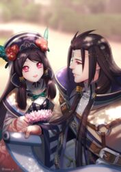  1boy black_hair brother_and_sister butterfly_hair_ornament chinese_clothes chinese_commentary commentary_request dan_fei dan_heng_(thunderbolt_fantasy) earrings female flower hair_flower hair_ornament hat jewelry long_hair purple_eyes siblings soul_(tamashii) thunderbolt_fantasy 