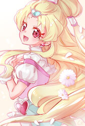  :d blonde_hair brooch commentary_request cure_tomorrow earrings female flower hair_ornament half_updo heart heart_brooch heart_earrings heart_hair_ornament high_ponytail highres hug-tan_(precure) hugtto!_precure jewelry long_hair looking_at_viewer magical_girl open_mouth pink_eyes ponytail precure puffy_sleeves shipu_(gassyumaron) simple_background smile solo upper_body waist_brooch white_background wrist_cuffs 