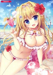  :d absurdres arm_support beach bikini blonde_hair blue_sky blush braid breasts bug butterfly cleavage cloud cloudy_sky collarbone cup day female flower frilled_bikini frills hair_intakes hair_ornament hairclip hand_up hibiscus highres holding holding_cup horizon innertube large_breasts long_hair looking_at_viewer matsumiya_kiseri melonbooks navel ocean oerba_yun_fang open_mouth original outdoors red_flower scan sidelocks sitting sky smile solo swim_ring swimsuit thighs tropical_drink tsurime 