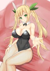  :o animal_ears bare_shoulders blonde_hair blush breasts cleavage commentary_request covered_navel detached_collar elf fake_animal_ears female fishnet_pantyhose fishnets foreshortening green_eyes green_ribbons hair_ribbon head_tilt large_breasts leotard long_hair looking_at_viewer noeomi pantyhose playboy_bunny pointy_ears rabbit_ears ribbon sennen_sensou_aigis shiny_skin sitting solo spica_(sennen_sensou_aigis) twintails wrist_cuffs 