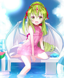  :d ball bare_shoulders beachball blue_sky bracelet cloud commentary_request day dragon_wings female fire_emblem fire_emblem:_mystery_of_the_emblem fire_emblem_heroes food fruit green_eyes green_hair hair_ribbon jewelry long_hair one-piece_swimsuit open_mouth pink_one-piece_swimsuit pointy_ears popsicle red_ribbon ribbon rojiura-cat sitting sky smile solo swimsuit tiara tiki_(fire_emblem) tiki_(young)_(fire_emblem) tiki_(young)_(summer)_(fire_emblem) water watermelon wings 