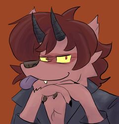  avoid_posting canid canine demon doopcity furry_satan head_on_hand hi_res mammal red_background red_eyes simple_background tongue tongue_out yellow_sclera 