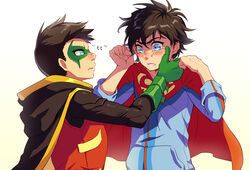  2boys black_hair blue_eyes cape commentary_request cr72 crying crying_with_eyes_open damian_wayne dc_comics domino_mask green_eyes jonathan_kent long_sleeves male_focus mask multiple_boys parted_lips robin_(dc) super_sons superboy tears upper_body 