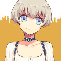  blue_eyes choker close-up collarbone commentary_request cross dirndl female german_clothes grey_hair head_tilt iron_cross kantai_collection looking_at_viewer mujun_atama photoshop_(medium) short_hair smile solo two-tone_background upper_body z1_leberecht_maass_(kancolle) z1_leberecht_maass_(oktoberfest_mode)_(kancolle) 