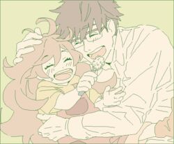  1boy amaama_to_inazuma black_hair blonde_hair blush closed_eyes commentary_request father_and_daughter female green_background hand_on_another&#039;s_head hug inuzuka_kouhei inuzuka_tsumugi kai_(dweep) lolicon long_hair long_sleeves open_mouth rice shirt short_hair simple_background smile spoon white_shirt 