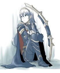  armor blue_eyes blue_hair boots bow_(weapon) cape commentary_request female fingerless_gloves fire_emblem fire_emblem_awakening fire_emblem_heroes gloves long_hair lucina_(fire_emblem) lucina_(glorious_archer)_(fire_emblem) official_alternate_costume robaco simple_background solo tiara weapon 