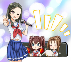  3girls :d ;d ^_^ abe_kanari black_hair blue_eyes brown_hair closed_eyes commentary_request hair_bun heki_junko high_school_fleet instrument karaoke long_hair looking_at_viewer maracas microphone multiple_girls ogasawara_hikari one_eye_closed open_mouth photoshop_(medium) pointing pointing_at_viewer red_eyes school_uniform serafuku short_hair short_sleeves single_hair_bun smile takeda_michiru tambourine twintails two_side_up yokosuka_girls_marine_high_school_uniform 