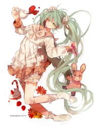  bandaid bloomers bow cake commentary_request cup female food frilled_skirt frilled_socks frills fruit full_body green_eyes green_hair hair_ornament hair_scrunchie hatsune_miku heart highres kneehighs lol_-lots_of_laugh-_(vocaloid) long_hair long_sleeves nail_polish neck_ribbon pink_bow pink_ribbon pink_skirt raspberry ribbon sailor_collar school_uniform scrunchie serafuku skirt socks solo stuffed_animal stuffed_rabbit stuffed_toy teacup twice12314 twintails twitter_username underwear very_long_hair vocaloid wavy_hair white_background white_scrunchie 