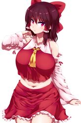  :o ascot bare_shoulders belly black_hair blush bow breasts commentary curvy detached_sleeves female hairbow hakurei_reimu highres huge_breasts looking_at_viewer navel plump red_bow red_eyes solo tokyo_(great_akuta) touhou tsurime yellow_ascot 