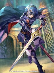  bad_google+_id bad_id bad_link blue_hair cape copyright_name falchion_(fire_emblem) female fingerless_gloves fire_emblem fire_emblem_awakening fire_emblem_cipher fuzichoco gloves holding holding_weapon jewelry long_hair lucina_(fire_emblem) marth_(fire_emblem_awakening) mask official_art solo sword thighhighs tiara weapon 