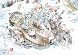  3girls aki_(girls_und_panzer) artist_name blue_hat blue_jacket blue_skirt box brown_eyes brown_gloves brown_hair brown_hat caviar colored_pencil_(medium) commentary_request crab cyrillic dated day driving emblem english_text food food_in_mouth fur_hat girls_und_panzer gloves green_eyes grin hair_tie hand_on_headwear hat highres holding holding_instrument instrument jacket kantele keizoku_military_uniform kubota_shinji light_brown_hair long_hair long_sleeves looking_at_viewer looking_back mika_(girls_und_panzer) mikko_(girls_und_panzer) military military_uniform miniskirt motion_blur motor_vehicle motorcycle mouth_hold multiple_girls on_motorcycle one_eye_closed open_mouth outdoors pants pants_rolled_up pants_under_skirt pleated_skirt pravda_(emblem) raglan_sleeves red_eyes red_hair russian_text sausage short_hair short_twintails sidecar signature sitting skirt smile snow theft track_jacket track_pants traditional_media translated tree tulip_hat twintails uniform ural_(motorcycle) ural_650 ushanka watermark wheel white_gloves winter 