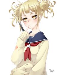  bangs blonde_hair blood blood_on_weapon blunt_bangs blush cardigan double_bun female knife man&#039;nen_3-i messy_hair school_uniform serafuku simple_background solo toga_himiko upper_body weapon yellow_eyes 