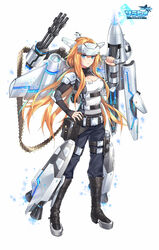  ace_virgin aircraft airplane blue_eyes blue_pants boots breasts canberra_(ace_virgin) cannon cleavage_cutout closed_mouth clothing_cutout commentary_request copyright_name female full_body gun hand_on_own_hip headgear highres holding holding_gun holding_weapon kangetsu_(fhalei) knee_boots large_breasts leg_belt lips logo long_hair long_sleeves looking_at_viewer machinery mecha_musume multiple_weapons orange_hair pants simple_background solo standing very_long_hair weapon white_background 