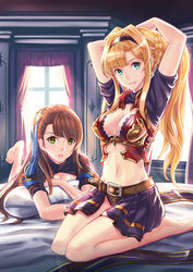  2girls arms_up asymmetrical_bangs barefoot beatrix_(granblue_fantasy) belt blonde_hair blue_eyes blue_skirt braid breasts brown_hair cleavage commentary_request curtains eyebrows granblue_fantasy green_eyes hair_ornament hairband head_tilt highres indoors iyokamioto long_hair looking_at_viewer lying medium_breasts multiple_girls navel on_stomach parted_lips photoshop_(medium) pillow pleated_skirt ponytail short_sleeves showgirl_skirt sitting skirt smile sunlight very_long_hair wariza window zeta_(granblue_fantasy) 