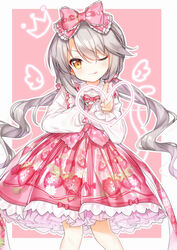  ;p blush bow brown_eyes closed_mouth collared_shirt commentary dress_shirt female food_print frilled_bow frills grey_hair hair_between_eyes hairbow heart long_hair long_sleeves ning_hai_(warship_girls_r) one_eye_closed pink_background pink_bow pink_skirt print_skirt red_bow shirt skirt smile solo strawberry_print striped striped_bow tengxiang_lingnai tongue tongue_out two-tone_background v-shaped_eyebrows very_long_hair warship_girls_r white_background white_shirt 