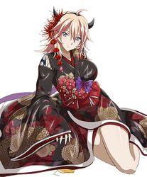  black_hairband fake_horns female grey_eyes hairband horns ikkitousen ikkitousen_eloquent_fist japanese_clothes kimono light_brown_hair long_hair looking_at_viewer shibai_chuutatsu simple_background sitting solo tattoo white_background yukata 