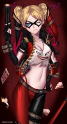  batman_(series) belt blue_eyes breasts cleavage dc_comics female fingerless_gloves gun harley_quinn injustice:_gods_among_us jacket solo twintails wink 