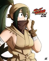  asui_tsuyu black_eyes boku_no_hero_academia breasts commentary_request cosplay female green_hair hair_between_eyes highres ibuki_(street_fighter) ibuki_(street_fighter)_(cosplay) kellzallday sideboob signature simple_background street_fighter white_background 