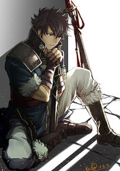  1boy black_hair commentary_request earrings fingerless_gloves fire_emblem fire_emblem_awakening gloves japanese_clothes jewelry katana kero_sweet lon&#039;qu_(fire_emblem) male_focus sitting solo spiked_hair sword weapon 