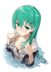  black_bra blazer blush bra breasts cleavage closed_mouth commentary_request female from_above green_eyes green_hair hair_between_eyes hair_ornament hairclip highres jacket kantai_collection long_hair long_sleeves looking_at_viewer max_melon md5_mismatch medium_breasts shirt simple_background solo suzuya_(kancolle) underwear wading water wet wet_clothes white_shirt 