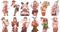  6+girls :d ^_^ absurdres ahoge angel_wings animal_ears aquarius_(zodiac) aries_(zodiac) balance_scale bandage_on_face bandaged_arm bandages bare_shoulders belt belt_buckle black_choker black_gloves black_hat black_legwear blue_eyes blue_hakama blue_hat blue_shorts bow_(weapon) breasts brown_belt brown_choker brown_hat bubble buckle burning buttons cabbie_hat cancer_(zodiac) candle capricorn_(zodiac) chastity_belt choker clock closed_eyes closed_mouth commentary_request cowboy_shot cross-laced_clothes cutoffs dark-skinned_female dark_skin demon_tail demon_wings dress eyewear_on_head eyewear_on_headwear facial_mark facing_another feathered_wings feathers fingerless_gloves fingernails fire fishnet_thighhighs fishnets forehead_mark frilled_dress frilled_legwear frills fur-trimmed_dress fur_trim garter_straps gears gemini_(zodiac) glasses gloves goat_horns green_eyes green_hair hair_intakes hair_ornament hair_ribbon hakama hakama_short_skirt hakama_skirt hand_on_own_hip hand_up hat highres holding holding_bow_(weapon) holding_candle holding_letter holding_scale holding_weapon horns japanese_clothes jewelry juliet_sleeves jumpsuit key key_necklace kuroimori lab_coat legs_apart legs_together leo_(zodiac) letter libra_(zodiac) lion_ears lion_girl lion_tail lipstick long_fingernails long_hair long_sleeves looking_at_viewer low_twintails makeup medium_breasts mermaid miniskirt mole mole_under_eye monocle monster_girl multiple_girls muneate nail_polish navel necklace off-shoulder_dress off_shoulder open_mouth orange_eyes orange_hair original partially_fingerless_gloves pince-nez pink_hair pink_ribbon pisces_(zodiac) pointy_ears puffy_short_sleeves puffy_sleeves purple_hair red_dress red_lips red_nails red_wings ribbon ring sagittarius_(zodiac) scissors scorpio_(zodiac) see-through sheep_horns shirt short_dress short_hair short_sleeves shorts showgirl_skirt silver_hair simple_background skirt sleeves_rolled_up small_breasts smile smoke star_(symbol) steampunk straight_hair striped_clothes striped_shirt striped_thighhighs tail tail_raised tattoo taurus_(zodiac) teeth telescope thigh_strap thighhighs top_hat turtleneck twintails very_long_hair vial virgo_(zodiac) wavy_hair weapon weighing_scale white_background white_dress white_hair white_wings wings yellow_eyes yugake zettai_ryouiki zodiac 