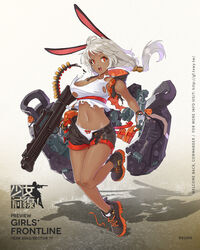  ankle_boots bare_legs black_shorts boots character_name colored_shoe_soles copyright_name dark-skinned_female dark_skin female full_body girls&#039;_frontline grey_hair gun hair_tubes high_tops highres hikari123456 holding holding_gun holding_weapon long_hair looking_at_viewer navel neostead neostead_2000 ns2000_(girls&#039;_frontline) official_art open_fly open_mouth panties promotional_art red_eyes rigging shadow shield shield_module shoes shorts shotgun shotgun_shell sneakers solo tank_top teeth torn_clothes underwear watermark weapon web_address white_hair white_panties 