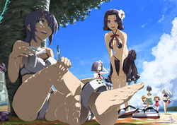  6+girls akatsuki_(kancolle) alternate_hairstyle anklet ball barefoot beachball bikini black_hair blue_hair book bookmark breasts brown_hair cleavage cloud commentary_request day eyepatch feet flower folded_ponytail foot_focus hair_flower hair_ornament hands_on_own_knees hibiki_(kancolle) holding_hands ifuji_shinsen ikazuchi_(kancolle) inazuma_(kancolle) jewelry kantai_collection large_breasts medium_breasts multiple_girls multiple_persona navel official_alternate_costume open_mouth outdoors photoshop_(medium) ponytail purple_eyes purple_hair sandals sarong shade short_hair signature sitting sky soles swimsuit tatsuta_(kancolle) tatsuta_(swimsuit_mode)_(kancolle) tenryuu_(kancolle) tenryuu_(swimsuit_mode)_(kancolle) toenails toes twitter_username yellow_eyes 