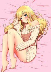  absurdres aizawa_u-ji bare_legs barefoot blonde_hair blue_eyes blush breasts cleavage closed_mouth collarbone commentary_request dress female hair_between_eyes hand_up highres idolmaster idolmaster_cinderella_girls idolmaster_cinderella_girls_starlight_stage large_breasts long_hair looking_at_viewer lying off_shoulder ohtsuki_yui on_side ponytail sidelocks sleeves_past_wrists smile solo sweater sweater_dress wavy_hair 