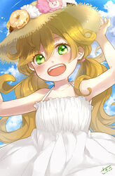  amaama_to_inazuma artist_name blush brown_hair candy cloud cloudy_sky commentary_request day doughnut dress female food green_eyes happy hat inuzuka_tsumugi long_hair looking_at_viewer open_mouth photoshop_(medium) sakikko sky smile solo straw_hat twintails wet white_dress 