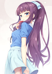  arm_behind_back ass blouse blue_eyes blue_shirt blue_skirt blush breasts camera cellphone commentary_request female from_side glint highres holding holding_phone long_hair looking_at_viewer md5_mismatch medium_breasts new_game! parted_lips phone photoshop_(medium) ponytail purple_hair revision shirt short_sleeves sidelocks skirt smartphone solo takimoto_hifumi tomifumi upskirt very_long_hair wavy_hair 