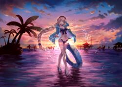  arm_behind_head arm_up bag beach bikini black_bikini black_hairband black_scrunchie blonde_hair blue_eyes blue_jacket blue_sky braid breasts cleavage cloud cloudy_sky collarbone commentary_request crossed_legs fate/grand_order fate_(series) female floating_hair front-tie_bikini_top front-tie_top full_body gradient_sky hair_between_eyes hairband horizon hut innertube jacket jeanne_d&#039;arc_(fate) jeanne_d&#039;arc_(swimsuit_archer)_(fate) jeanne_d&#039;arc_(swimsuit_archer)_(first_ascension)_(fate) legs long_hair long_legs long_sleeves looking_at_viewer medium_breasts navel ocean open_clothes open_jacket open_mouth orange_sky ouka_(ra-raradan) outdoors outstretched_arm outstretched_hand palm_tree pier rock sandals scenery scrunchie sidelocks silhouette single_braid sky smile solo standing standing_on_liquid stilt_house stomach sunset swim_ring swimsuit thigh_strap tree very_long_hair water water_drop watson_cross white_footwear wind 