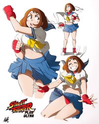  blue_sailor_collar boku_no_hero_academia brown_hair cowboy_shot female fighting_stance fingerless_gloves gloves headband highres kasugano_sakura_(cosplay) kellzallday30 legs_apart looking_at_viewer open_mouth pleated_skirt sailor_collar school_uniform serafuku short_hair skirt solo street_fighter uraraka_ochako 