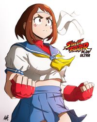  blue_sailor_collar boku_no_hero_academia brown_hair cowboy_shot female fighting_stance fingerless_gloves gloves headband highres kasugano_sakura_(cosplay) kellzallday30 legs_apart looking_at_viewer open_mouth pleated_skirt sailor_collar school_uniform serafuku short_hair skirt solo street_fighter uraraka_ochako 