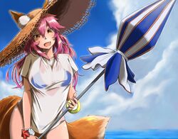  animal_ear_fluff animal_ears bad_id bad_pixiv_id beach_umbrella bikini bikini_under_clothes blue_bikini breasts cleavage day ears_through_headwear fate/grand_order fate_(series) female fox_ears fox_girl fox_tail hat large_breasts no_pants ocean oerba_yun_fang outdoors pink_hair see-through shirt side-tie_bikini_bottom solo straw_hat sugajyun swimsuit t-shirt tail tamamo_(fate) tamamo_no_mae_(swimsuit_lancer)_(fate) tamamo_no_mae_(swimsuit_lancer)_(second_ascension)_(fate) umbrella wet wet_clothes wet_shirt yellow_eyes 