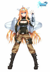  ace_virgin aircraft airplane belt black_sweater blue_eyes boots breasts camouflage camouflage_pants canberra_(ace_virgin) cleavage_cutout closed_mouth clothing_cutout commentary_request copyright_name female full_body gloster_meteor hand_on_own_hip hand_up headgear highres kangetsu_(fhalei) knee_boots large_breasts leg_belt lips logo long_hair long_sleeves looking_at_viewer machinery mecha_musume orange_hair pants pouch ribbed_sweater simple_background smile solo standing sweater very_long_hair white_background 