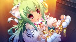  animal_ears animal_hands blush cat_ears chains earrings female game_cg giving gloves green_hair jewelry koihime_musou kuwada_yuuki long_hair midriff moukaku oerba_yun_fang open_mouth paw_gloves red_eyes solo tail tiger_ears very_long_hair 