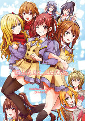  6+girls belt black_hair blonde_hair breasts brown_eyes brown_hair brown_legwear commentary_request copyright_name english_text glasses green_eyes grey_hair grin locked_arms long_hair looking_at_viewer medium_hair multiple_girls one_eye_closed orange_hair red_eyes red_hair smile sunshine_creation tokimeki_idol unya 