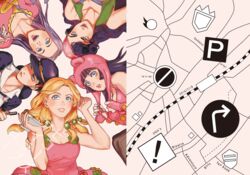  5girls animal_ears bandana bear_ears blonde_hair blue_eyes breasts cellphone cleavage collarbone commentary_request cover cover_page doujin_cover fake_animal_ears hat higashikata_daiya higashikata_hato hirose_yasuho iu jojo_no_kimyou_na_bouken jojolion lipstick makeup medium_breasts multiple_girls nijimura_kei open_mouth phone purple_hair red_lips sakunami_karera smartphone smile vest 