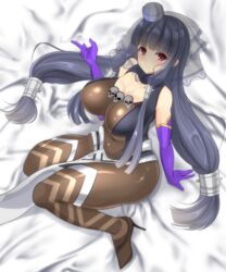  agnes_(sennen_sensou_aigis) arm_support black_hair blunt_bangs blush breasts brown_footwear cleavage closed_mouth commentary_request elbow_gloves female full_body gloves high_heels large_breasts loincloth long_hair looking_at_viewer low-tied_long_hair low_twintails noeomi purple_gloves red_eyes sennen_sensou_aigis shoes sitting skin_tight skull smile solo spandex twintails unitard veil very_long_hair 