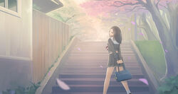  bag black_eyes black_hair black_serafuku building cherry_blossoms commentary_request day female highres holding kikivi long_hair looking_at_viewer looking_back original outdoors petals pleated_skirt school_uniform serafuku skirt smile socks solo stairs tree walking white_socks 