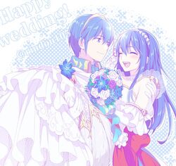  1boy blue_eyes blue_hair blush bouquet caeda_(bridal)_(fire_emblem) caeda_(fire_emblem) carrying closed_eyes commentary_request couple dress english_text female fire_emblem fire_emblem:_mystery_of_the_emblem fire_emblem:_new_mystery_of_the_emblem fire_emblem:_shadow_dragon_and_the_blade_of_light fire_emblem_heroes flower gloves hiyori_(rindou66) long_hair looking_at_another marth_(fire_emblem) marth_(groom)_(fire_emblem) open_mouth princess_carry smile straight twitter_username wedding_dress white_dress white_gloves 