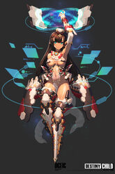  aqua_eyes arm_up armor armored_boots armpits black_background black_gloves blush bodysuit boots breasts brown_hair commentary copyright_name destiny_child ecell elbow_gloves female full_body gloves hat highleg highleg_leotard highres holographic_interface leotard long_hair looking_at_viewer mecha_musume medium_breasts parted_lips photoshop_(medium) revealing_clothes solo tan thighhighs thighs tsurime underboob white_leotard 