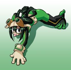  :&gt; all_fours asui_tsuyu black_eyes bodysuit boku_no_hero_academia commentary_request female frog_girl goggles goggles_on_head green_bodysuit hair_rings long_hair low-tied_long_hair robert_j_case solo superhero_costume tongue tongue_out 