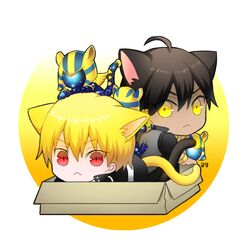  2boys :&lt; ahoge animal_ears box cat_boy cat_ears cat_tail cds06 chibi closed_mouth commentary_request fate/grand_order fate_(series) full_body gilgamesh_(fate) gilgamesh_(immoral_biker_jacket)_(fate) in_box in_container looking_at_viewer male_focus multiple_boys official_alternate_costume ozymandias_(fate) red_eyes sphinx_awlad tail v-shaped_eyebrows yellow_eyes 