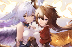  2girls angel_wings azrael_(granblue_fantasy) bad_id bad_pixiv_id bare_shoulders blush breast_press breasts brown_eyes brown_hair closed_mouth commentary_request dark-skinned_female dark_skin feathered_wings feathers gloves granblue_fantasy hair_between_eyes head_wings highres interlocked_fingers israfel_(granblue_fantasy) koretsuki_azuma large_breasts lips long_hair long_sleeves multiple_girls puffy_sleeves purple_eyes purple_hair single_head_wing smile symmetrical_docking upper_body wings 