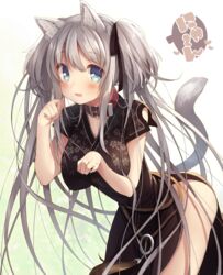  animal_ears arched_back blue_eyes blush breasts cat_ears cat_tail collar commentary_request dress female grey_hair hair_ornament hair_ribbon highres large_breasts long_hair looking_at_viewer mabinogi nao_(mabinogi) ribbon solo standing tail twintails usamata 