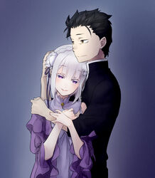  1boy alternate_hair_length alternate_hairstyle bags_under_eyes commentary_request elf emilia_(re:zero) empty_eyes female flower grey_hair hair_flower hair_ornament hair_ribbon hug kabane_(follabi) natsuki_subaru pointy_ears purple_eyes re:zero_kara_hajimeru_isekai_seikatsu re:zero_kara_kasaneru_isekai_seikatsu ribbon short_hair smile spoilers white_flower wide_sleeves x_hair_ornament 